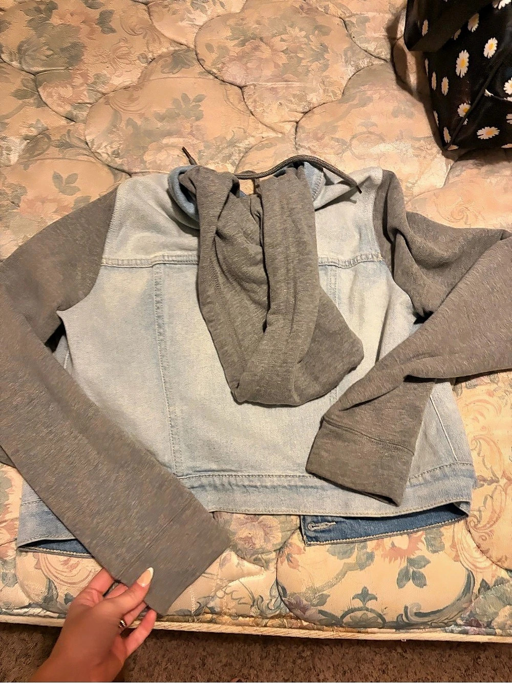 Hollister Hooded Denim Jacket with Sweatshirt Sleeves in and hoodie in grey
